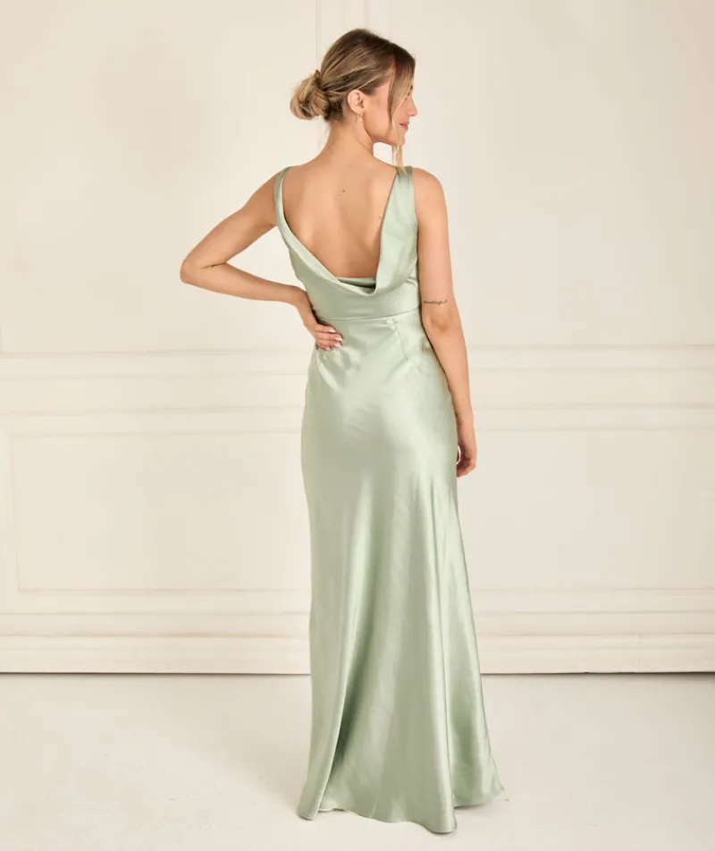 Six Stories Cowl Back Satin Bridesmaid Dress - Sage