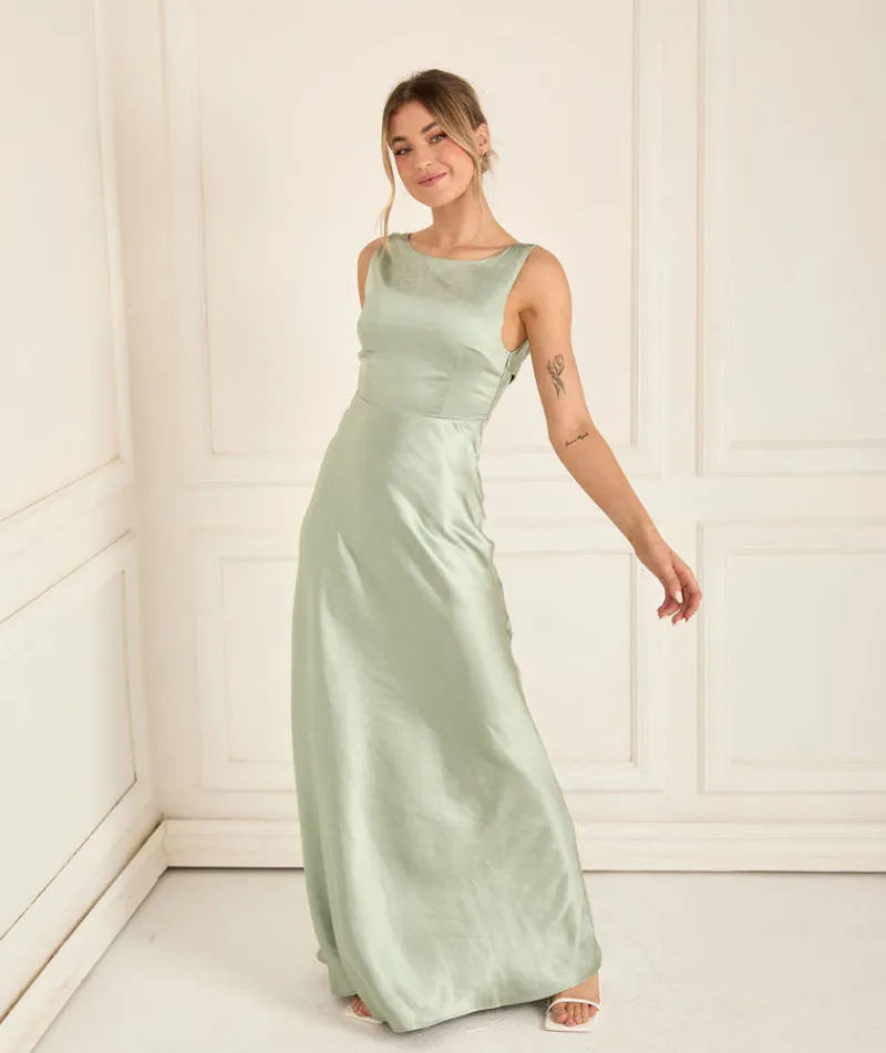 Six Stories Cowl Back Satin Bridesmaid Dress - Sage