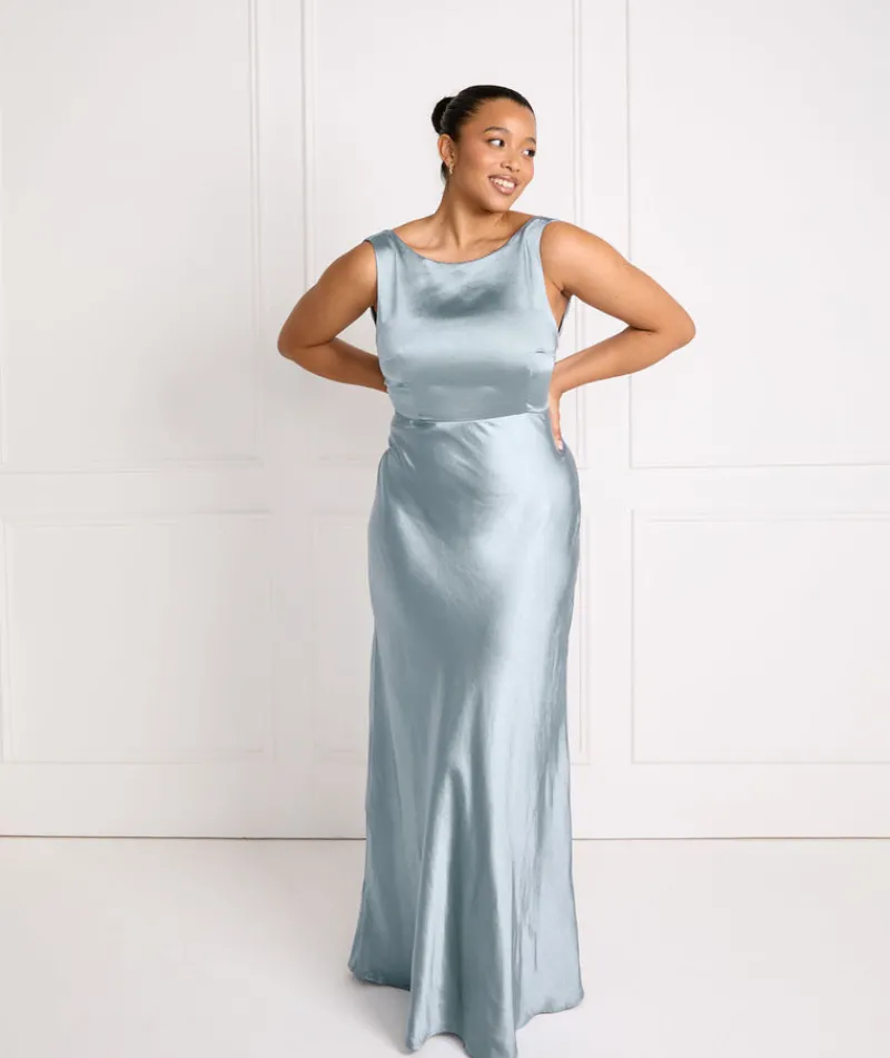 Best Six Stories Cowl Back Satin Bridesmaid Dress - Dusty Blue