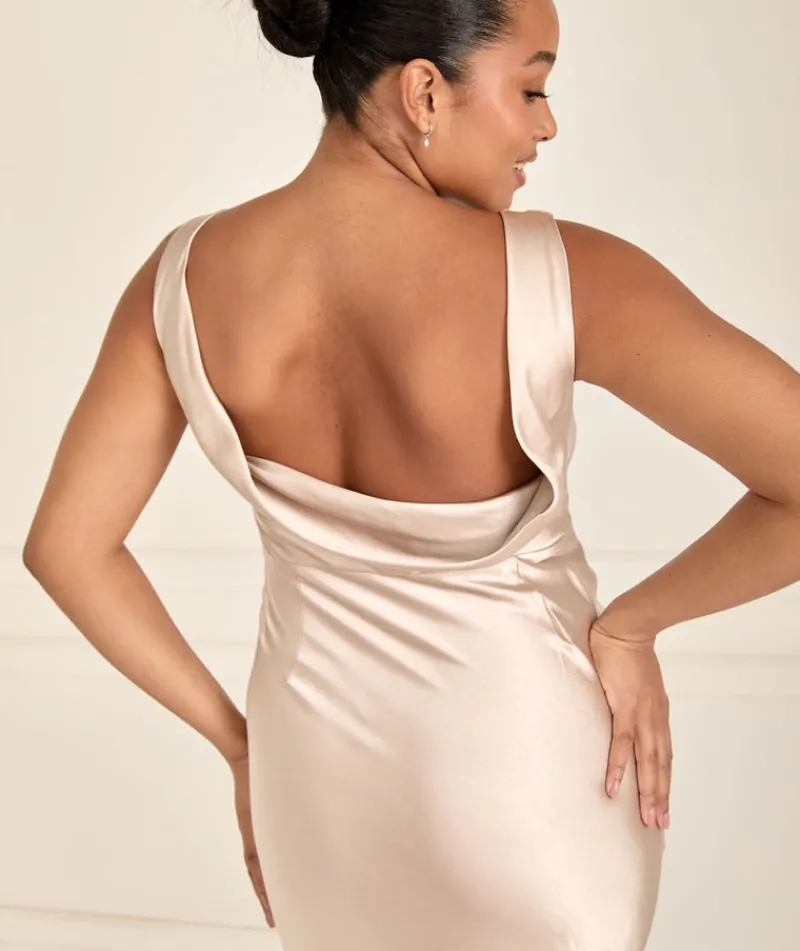 Best Six Stories Cowl Back Satin Bridesmaid Dress - Oyster