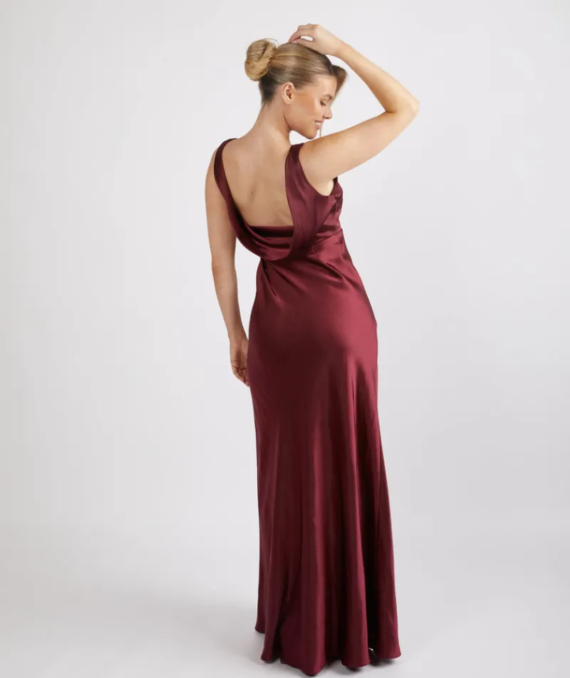 Six Stories Cowl Back Satin Bridesmaid Dress - Deep Wine
