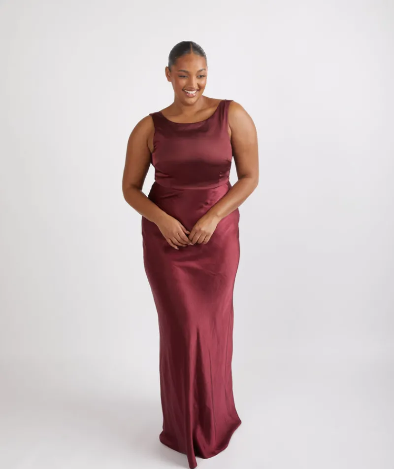 Six Stories Cowl Back Satin Bridesmaid Dress - Deep Wine