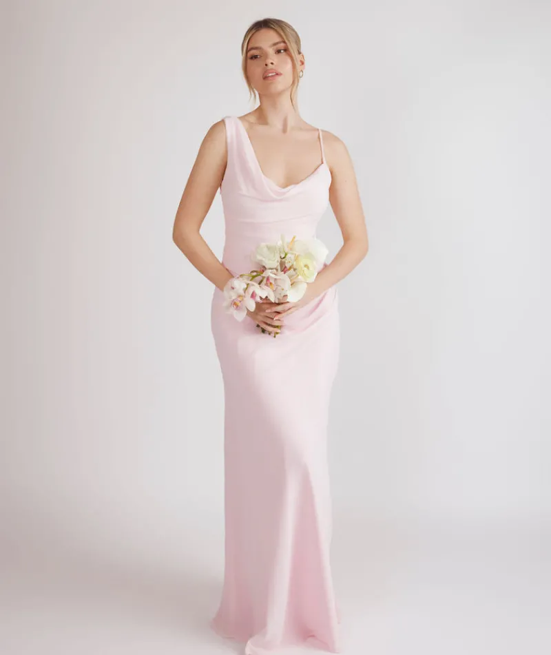 Clearance Six Stories Cowl Front Asymmetrical Chiffon Bridesmaid Dress - Pale Pink