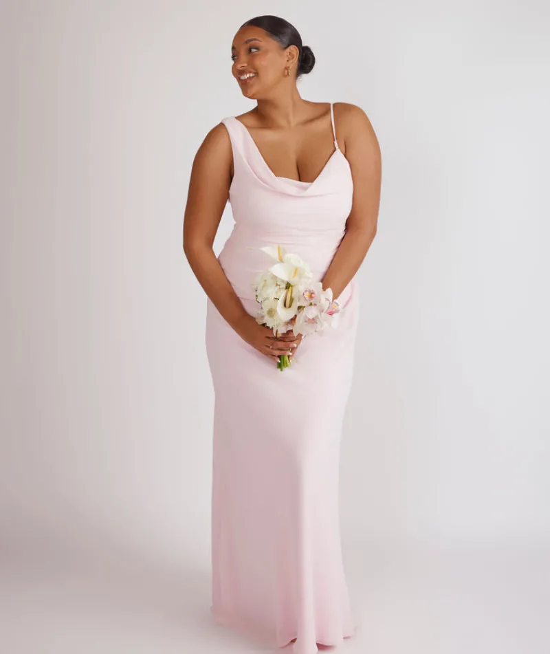 Clearance Six Stories Cowl Front Asymmetrical Chiffon Bridesmaid Dress - Pale Pink