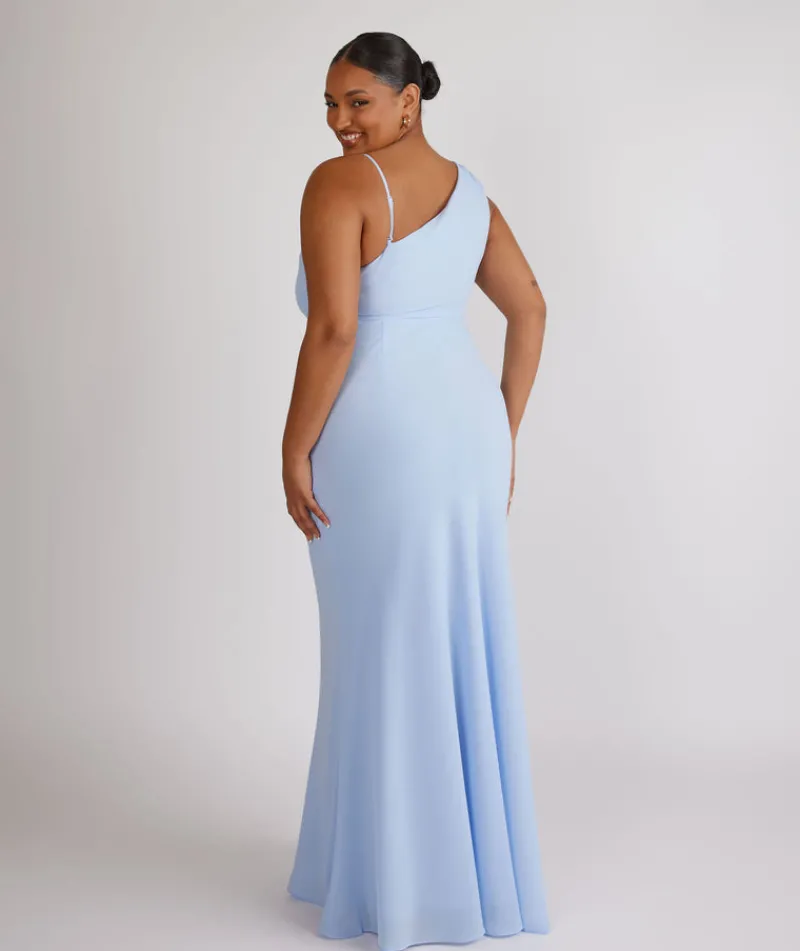 Outlet Six Stories Cowl Front Asymmetrical Chiffon Bridesmaid Dress - Cornflower Blue