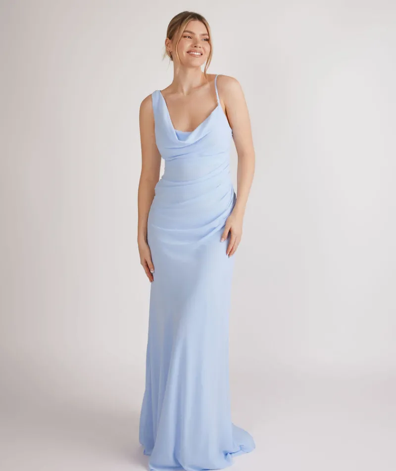 Outlet Six Stories Cowl Front Asymmetrical Chiffon Bridesmaid Dress - Cornflower Blue