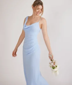 Outlet Six Stories Cowl Front Asymmetrical Chiffon Bridesmaid Dress - Cornflower Blue