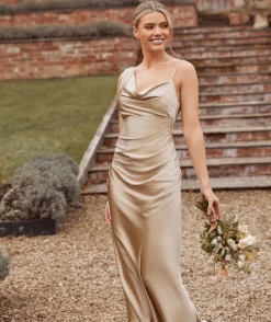 Sale Six Stories Cowl Front Asymmetrical Satin Bridesmaid Dress - Champagne