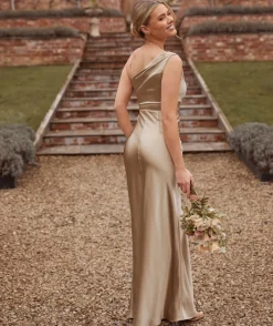 Sale Six Stories Cowl Front Asymmetrical Satin Bridesmaid Dress - Champagne