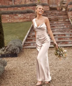 Hot Six Stories Cowl Front Asymmetrical Satin Bridesmaid Dress - Oyster