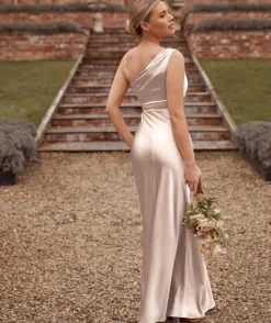 Hot Six Stories Cowl Front Asymmetrical Satin Bridesmaid Dress - Oyster