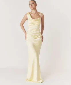 New Six Stories Cowl Front Asymmetrical Satin Bridesmaid Dress - Butter Lemon