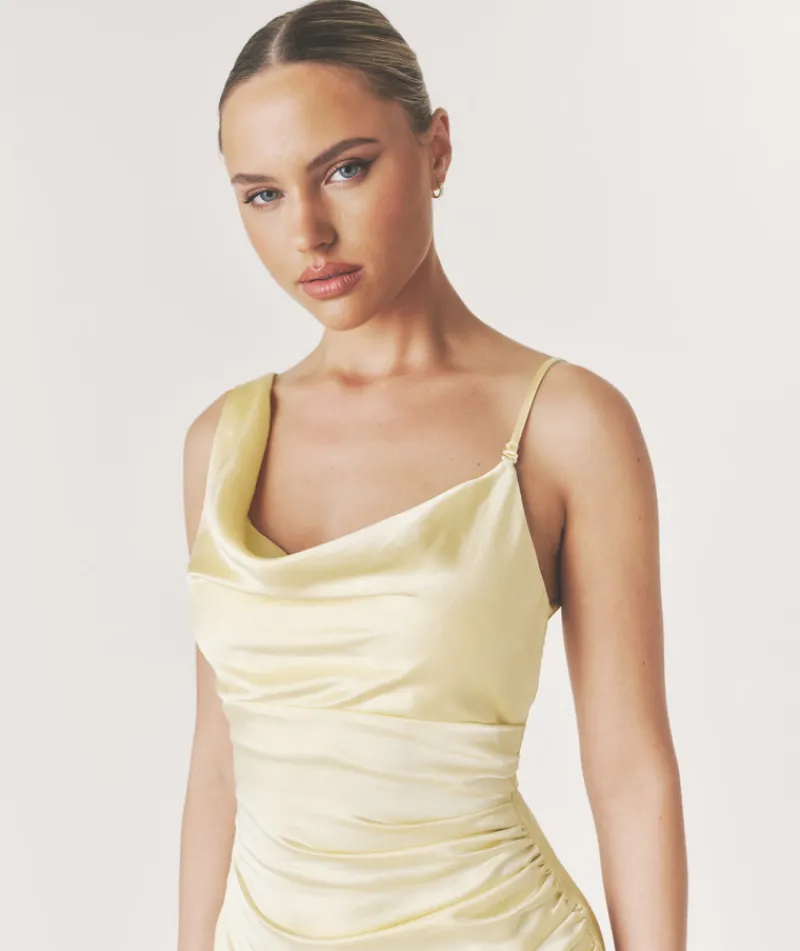 New Six Stories Cowl Front Asymmetrical Satin Bridesmaid Dress - Butter Lemon