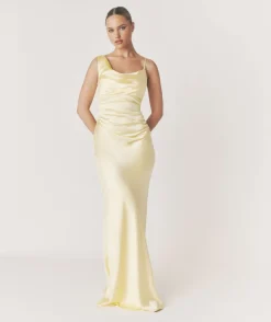 New Six Stories Cowl Front Asymmetrical Satin Bridesmaid Dress - Butter Lemon
