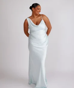 Best Six Stories Cowl Front Asymmetrical Satin Bridesmaid Dress - Ice Blue