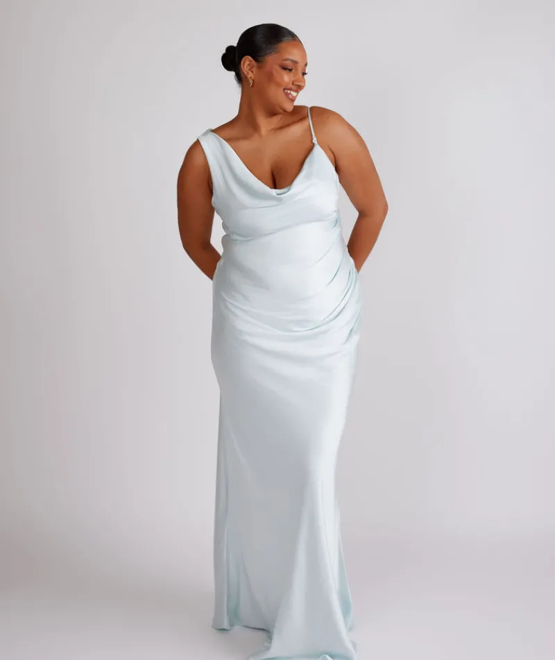 Best Six Stories Cowl Front Asymmetrical Satin Bridesmaid Dress - Ice Blue