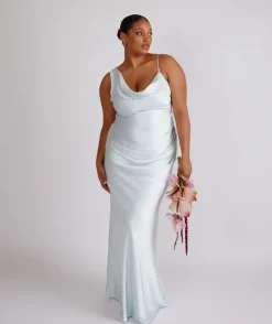 Best Six Stories Cowl Front Asymmetrical Satin Bridesmaid Dress - Ice Blue