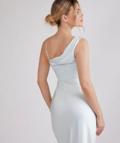 Best Six Stories Cowl Front Asymmetrical Satin Bridesmaid Dress - Ice Blue