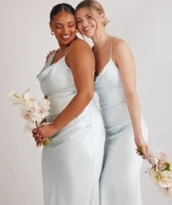 Best Six Stories Cowl Front Asymmetrical Satin Bridesmaid Dress - Ice Blue