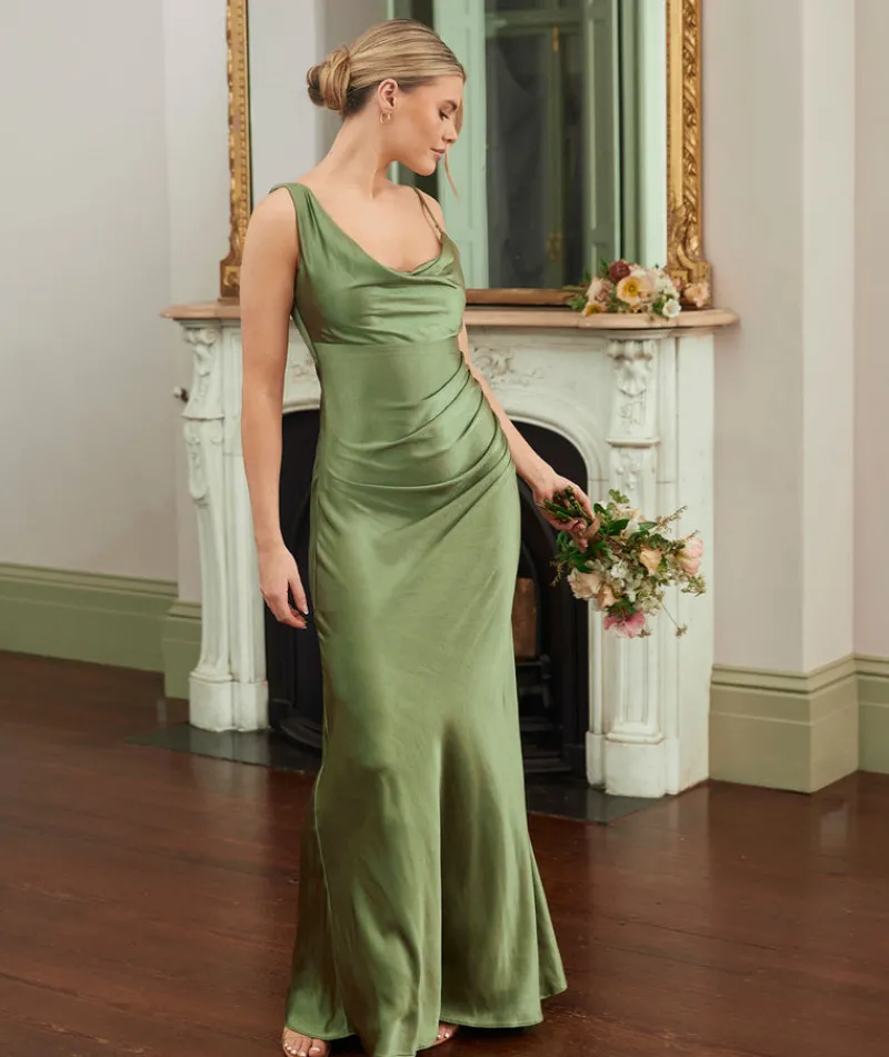 New Six Stories Cowl Front Asymmetrical Satin Bridesmaid Dress - Moss Green