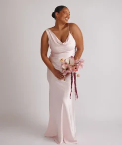 Best Six Stories Cowl Front Asymmetrical Satin Bridesmaid Dress - Pale Pink
