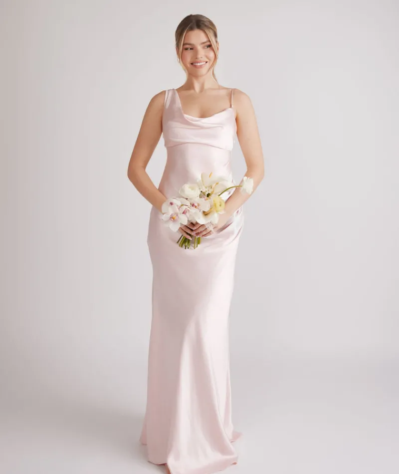 Best Six Stories Cowl Front Asymmetrical Satin Bridesmaid Dress - Pale Pink