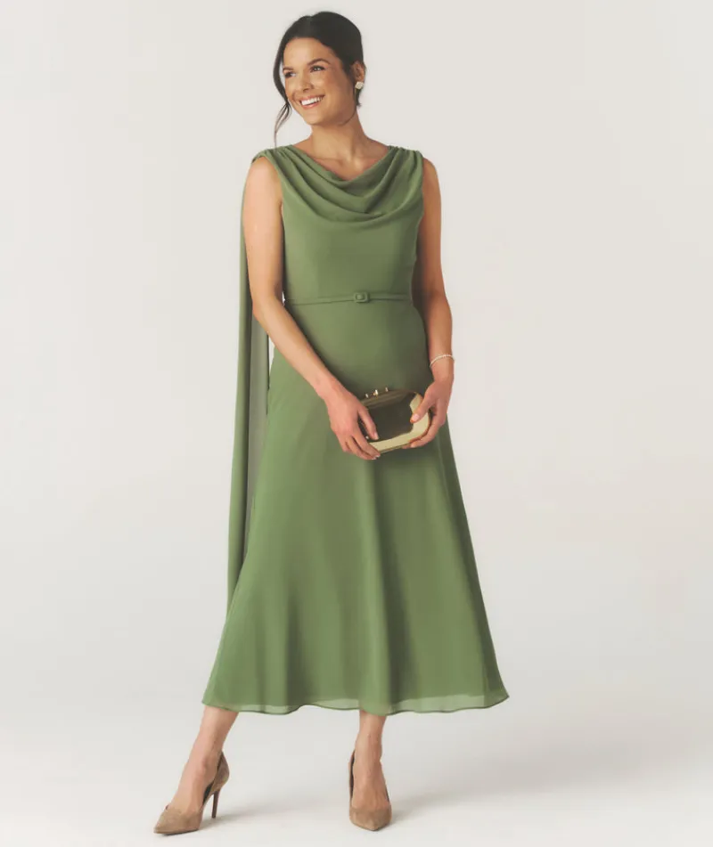 Discount Six Stories Cowl Front Drape Detail Belted Midi Dress - Sage