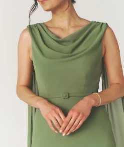 Discount Six Stories Cowl Front Drape Detail Belted Midi Dress - Sage