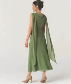 Discount Six Stories Cowl Front Drape Detail Belted Midi Dress - Sage
