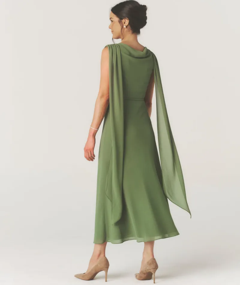 Discount Six Stories Cowl Front Drape Detail Belted Midi Dress - Sage