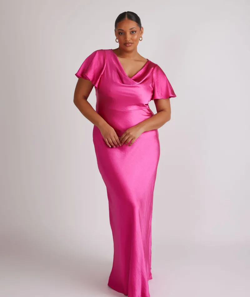 Six Stories Cowl Front Flutter Sleeve Satin Bridesmaid Dress - Fuchsia Pink