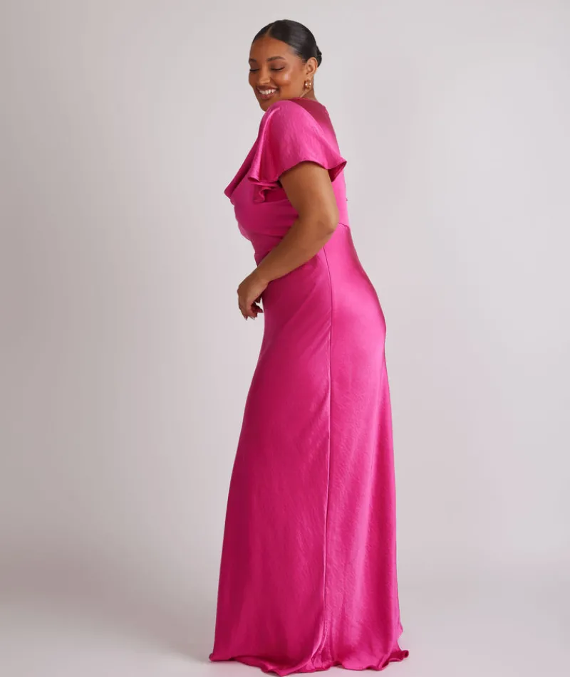 Six Stories Cowl Front Flutter Sleeve Satin Bridesmaid Dress - Fuchsia Pink