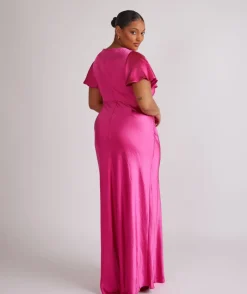 Six Stories Cowl Front Flutter Sleeve Satin Bridesmaid Dress - Fuchsia Pink