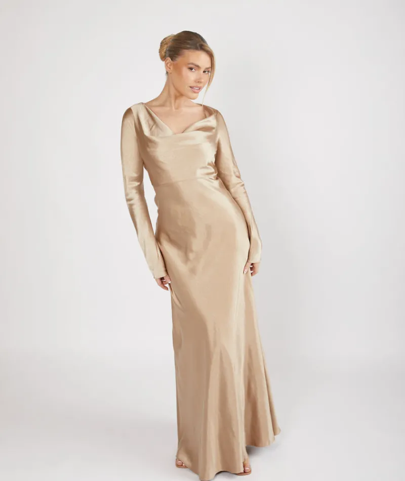 Online Six Stories Cowl Front Long Sleeve Satin Bridesmaid Dress - Champagne