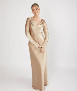 Online Six Stories Cowl Front Long Sleeve Satin Bridesmaid Dress - Champagne