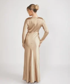 Online Six Stories Cowl Front Long Sleeve Satin Bridesmaid Dress - Champagne