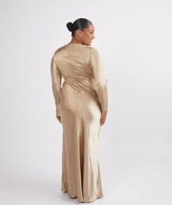Online Six Stories Cowl Front Long Sleeve Satin Bridesmaid Dress - Champagne