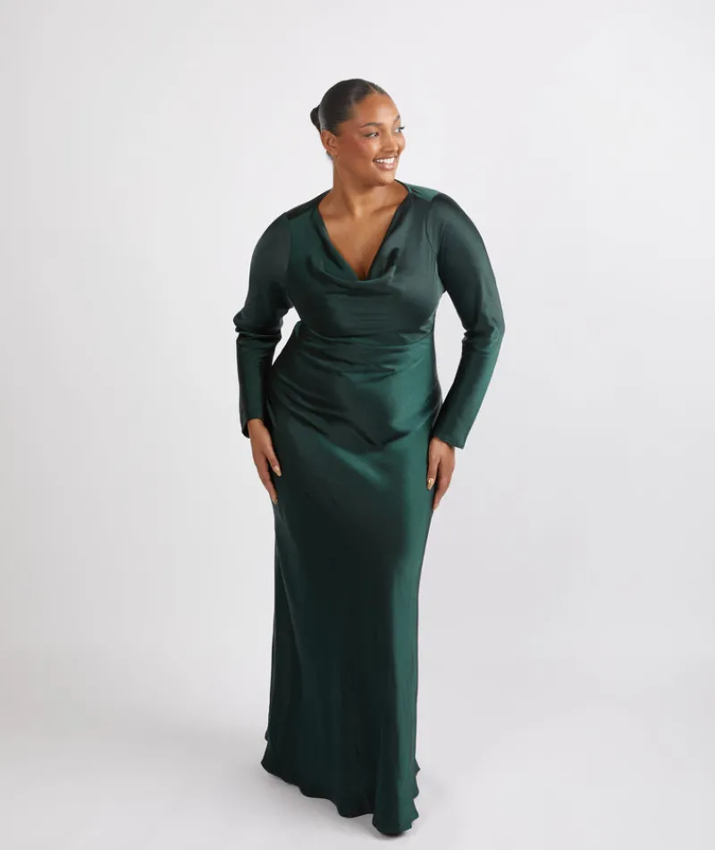 Six Stories Cowl Front Long Sleeve Satin Bridesmaid Dress - Emerald
