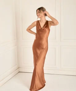 Sale Six Stories Cowl Front Satin Bridesmaid Dress - Rust