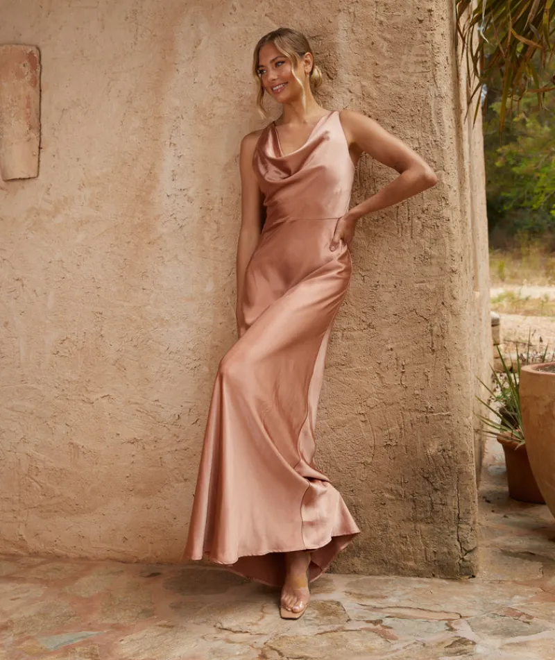 Best Six Stories Cowl Front Satin Bridesmaid Dress - Burnt Peach