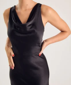 New Six Stories Cowl Front Satin Bridesmaid Dress - Black