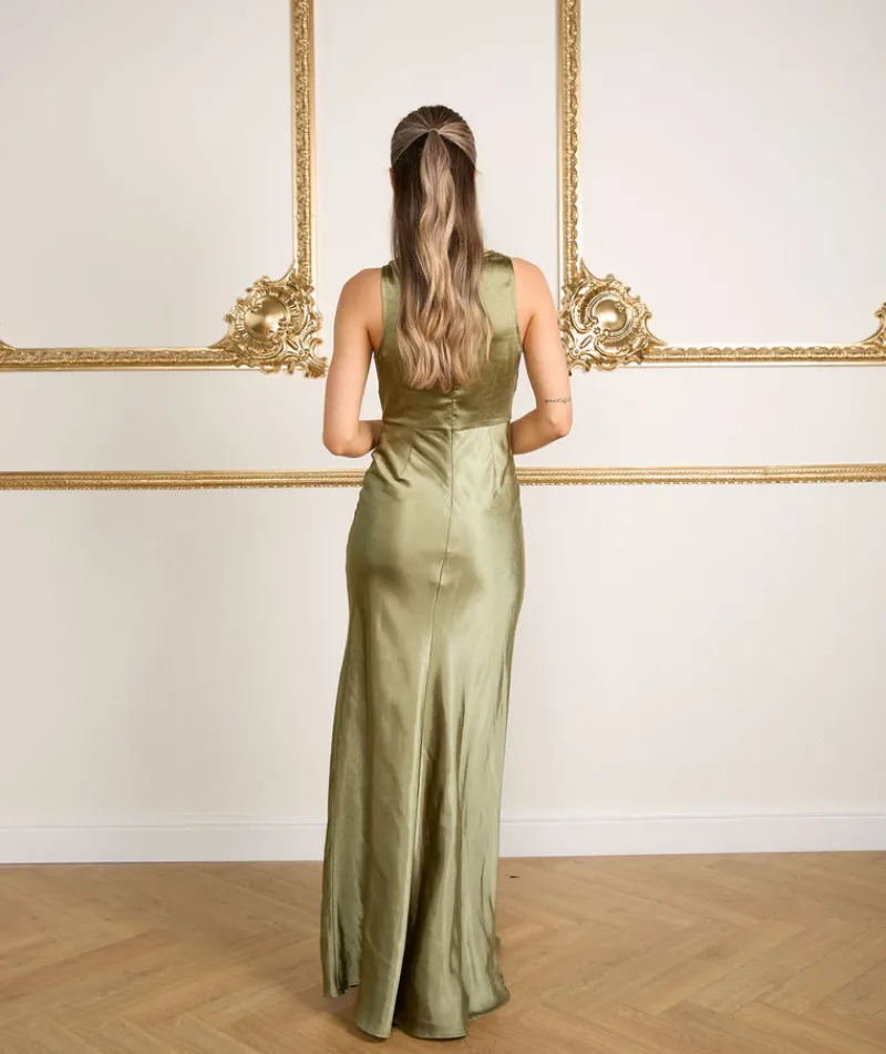 Sale Six Stories Cowl Front Satin Bridesmaid Dress - Moss Green