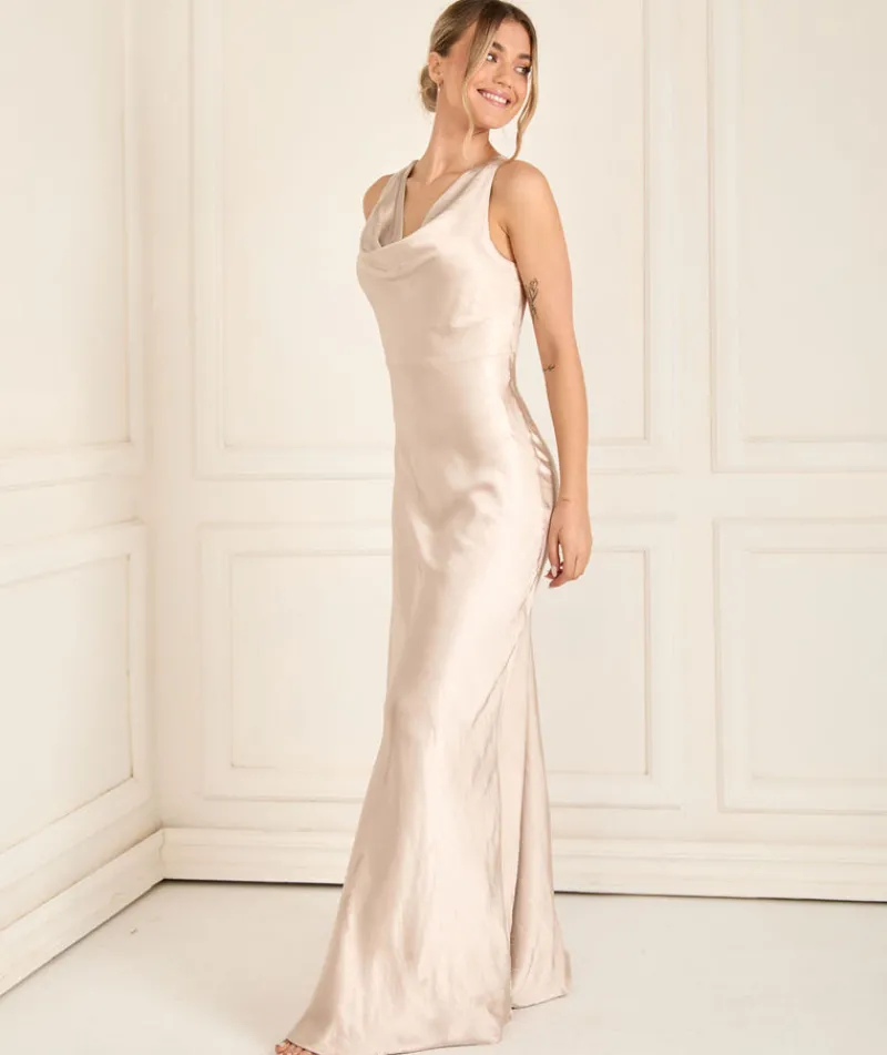 Online Six Stories Cowl Front Satin Bridesmaid Dress - Oyster