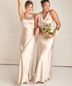 Online Six Stories Cowl Front Satin Bridesmaid Dress - Oyster