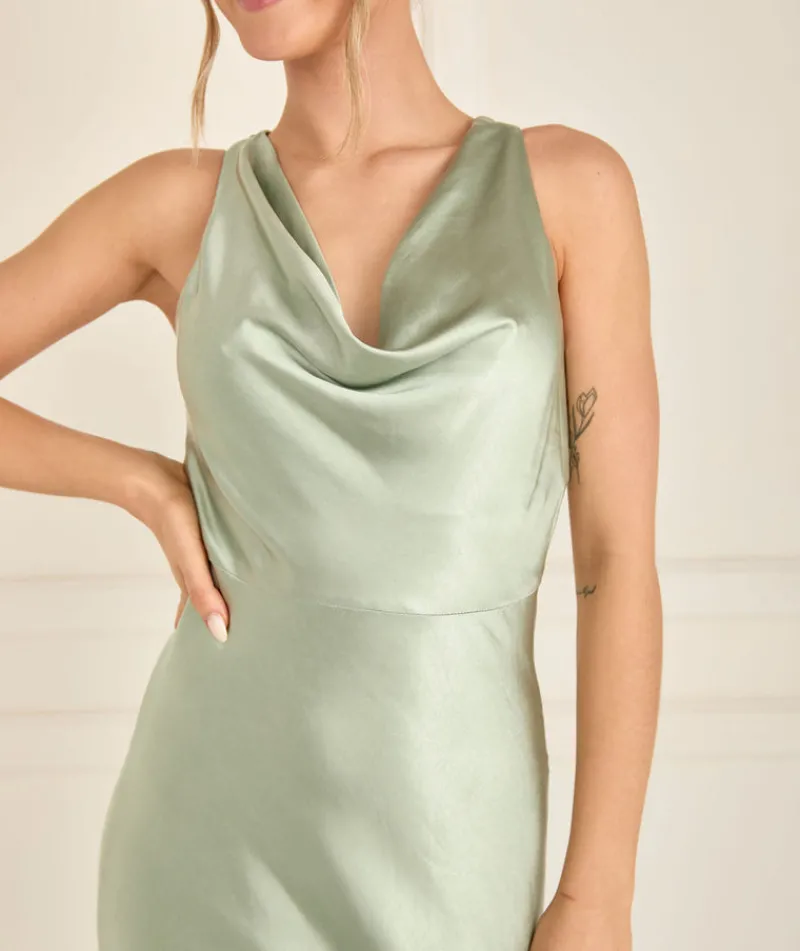 Six Stories Cowl Front Satin Bridesmaid Dress - Sage