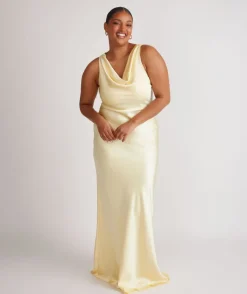 Sale Six Stories Cowl Front Satin Bridesmaid Dress - Butter Lemon