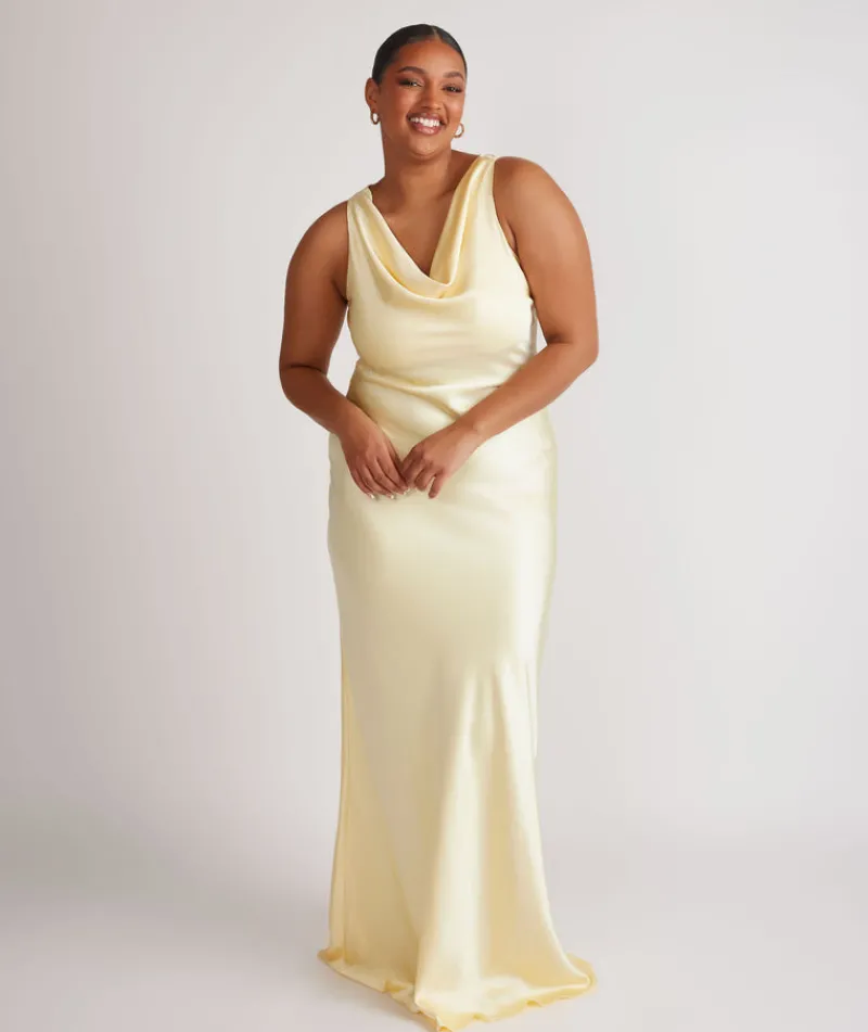 Sale Six Stories Cowl Front Satin Bridesmaid Dress - Butter Lemon