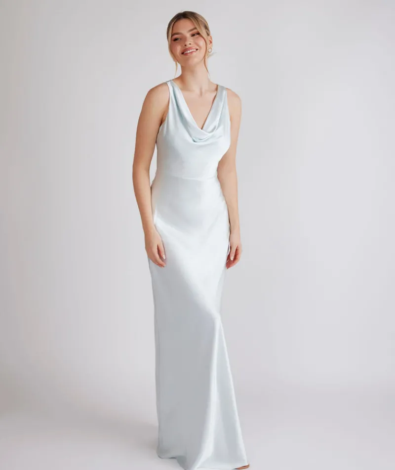 Best Six Stories Cowl Front Satin Bridesmaid Dress - Ice Blue