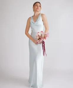 Best Six Stories Cowl Front Satin Bridesmaid Dress - Ice Blue