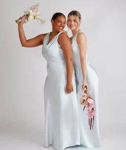 Best Six Stories Cowl Front Satin Bridesmaid Dress - Ice Blue